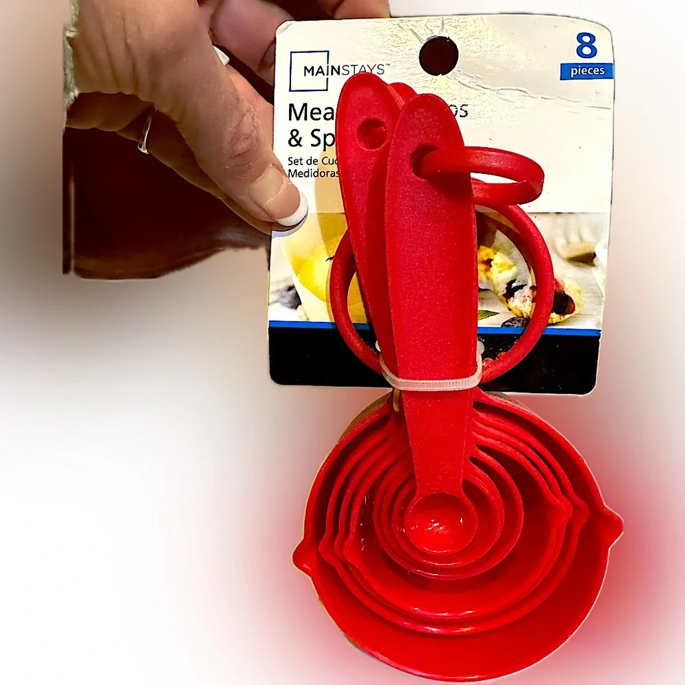 MAINSTAYS RED 8 PIECE MEASURING CUP SPOONS SET KITCHEN TOOLS DORM BAKE GIFT NEW